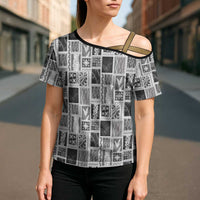 Vintage Aloha Block Quilt Cross Shoulder Shirt Black Inspired Lei Motifs LT9 - Polynesian Pride