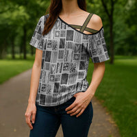 Vintage Aloha Block Quilt Cross Shoulder Shirt Black Inspired Lei Motifs LT9 - Polynesian Pride