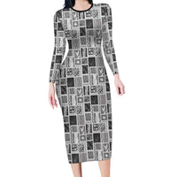 Vintage Aloha Block Quilt Family Matching Long Sleeve Bodycon Dress and Hawaiian Shirt Black Inspired Lei Motifs - Polynesian Pride