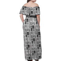 Vintage Aloha Block Quilt Family Matching Off Shoulder Maxi Dress and Hawaiian Shirt Black Inspired Lei Motifs - Polynesian Pride