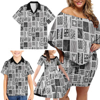 Vintage Aloha Block Quilt Family Matching Off Shoulder Short Dress and Hawaiian Shirt Black Inspired Lei Motifs - Polynesian Pride