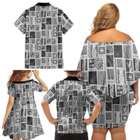 Vintage Aloha Block Quilt Family Matching Off Shoulder Short Dress and Hawaiian Shirt Black Inspired Lei Motifs - Polynesian Pride