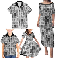 Vintage Aloha Block Quilt Family Matching Puletasi and Hawaiian Shirt Black Inspired Lei Motifs - Polynesian Pride