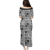 Vintage Aloha Block Quilt Family Matching Puletasi and Hawaiian Shirt Black Inspired Lei Motifs - Polynesian Pride
