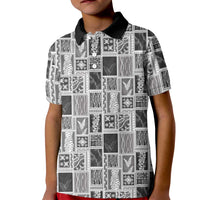 Vintage Aloha Block Quilt Kid Polo Shirt Black Inspired Lei Motifs LT9 Kid Black - Polynesian Pride