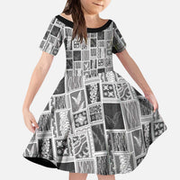 Vintage Aloha Block Quilt Kid Short Sleeve Dress Black Inspired Lei Motifs LT9 KID Black - Polynesian Pride