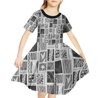 Vintage Aloha Block Quilt Kid Short Sleeve Dress Black Inspired Lei Motifs LT9 - Polynesian Pride