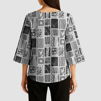 Vintage Aloha Block Quilt Kimono Sleeve Blouse Black Inspired Lei Motifs - Polynesian Pride