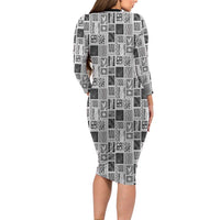 Vintage Aloha Block Quilt Long Sleeve Bodycon Dress Black Inspired Lei Motifs - Polynesian Pride