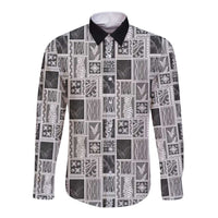 Vintage Aloha Block Quilt Long Sleeve Button Shirt Black Inspired Lei Motifs LT9 Unisex Black - Polynesian Pride