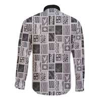Vintage Aloha Block Quilt Long Sleeve Button Shirt Black Inspired Lei Motifs LT9 - Polynesian Pride