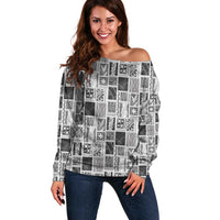 Vintage Aloha Block Quilt Off Shoulder Sweater Black Inspired Lei Motifs LT9 Women Black - Polynesian Pride