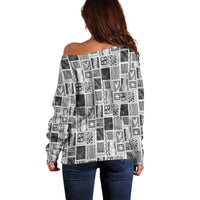 Vintage Aloha Block Quilt Off Shoulder Sweater Black Inspired Lei Motifs LT9 - Polynesian Pride