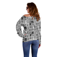 Vintage Aloha Block Quilt Off Shoulder Sweater Black Inspired Lei Motifs LT9 - Polynesian Pride