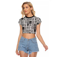 Vintage Aloha Block Quilt Raglan Cropped T Shirt Black Inspired Lei Motifs LT9 Female Black - Polynesian Pride