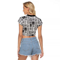 Vintage Aloha Block Quilt Raglan Cropped T Shirt Black Inspired Lei Motifs LT9 - Polynesian Pride