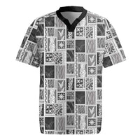 Vintage Aloha Block Quilt Rugby Jersey Black Inspired Lei Motifs LT9 Black - Polynesian Pride