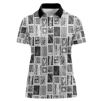 Vintage Aloha Block Quilt Women Polo Shirt Black Inspired Lei Motifs - Polynesian Pride