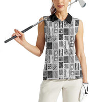 Vintage Aloha Block Quilt Women Sleeveless Polo Shirt Black Inspired Lei Motifs - Polynesian Pride