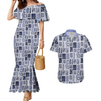 Vintage Aloha Block Quilt Couples Matching Mermaid Dress and Hawaiian Shirt Blue Inspired Lei Motifs - Polynesian Pride