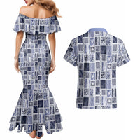 Vintage Aloha Block Quilt Couples Matching Mermaid Dress and Hawaiian Shirt Blue Inspired Lei Motifs - Polynesian Pride
