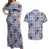 Vintage Aloha Block Quilt Couples Matching Off Shoulder Maxi Dress and Hawaiian Shirt Blue Inspired Lei Motifs - Polynesian Pride