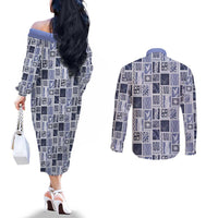Vintage Aloha Block Quilt Couples Matching Off The Shoulder Long Sleeve Dress and Long Sleeve Button Shirt Blue Inspired Lei Motifs - Polynesian Pride