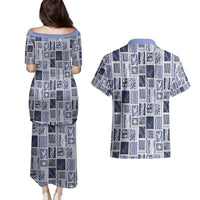 Vintage Aloha Block Quilt Couples Matching Puletasi and Hawaiian Shirt Blue Inspired Lei Motifs LT9 - Polynesian Pride