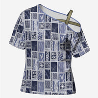 Vintage Aloha Block Quilt Cross Shoulder Shirt Blue Inspired Lei Motifs - Polynesian Pride