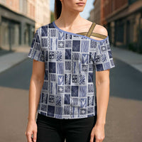 Vintage Aloha Block Quilt Cross Shoulder Shirt Blue Inspired Lei Motifs LT9 - Polynesian Pride