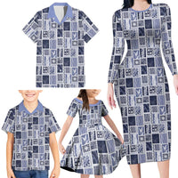 Vintage Aloha Block Quilt Family Matching Long Sleeve Bodycon Dress and Hawaiian Shirt Blue Inspired Lei Motifs - Polynesian Pride