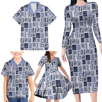 Vintage Aloha Block Quilt Family Matching Long Sleeve Bodycon Dress and Hawaiian Shirt Blue Inspired Lei Motifs - Polynesian Pride