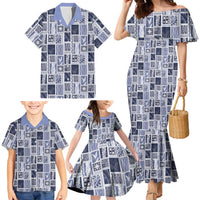 Vintage Aloha Block Quilt Family Matching Mermaid Dress and Hawaiian Shirt Blue Inspired Lei Motifs - Polynesian Pride
