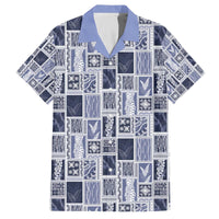 Vintage Aloha Block Quilt Family Matching Off The Shoulder Long Sleeve Dress and Hawaiian Shirt Blue Inspired Lei Motifs - Polynesian Pride