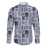 Vintage Aloha Block Quilt Family Matching Off The Shoulder Long Sleeve Dress and Hawaiian Shirt Blue Inspired Lei Motifs - Polynesian Pride