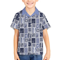 Vintage Aloha Block Quilt Family Matching Off The Shoulder Long Sleeve Dress and Hawaiian Shirt Blue Inspired Lei Motifs - Polynesian Pride