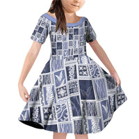 Vintage Aloha Block Quilt Family Matching Off Shoulder Short Dress and Hawaiian Shirt Blue Inspired Lei Motifs - Polynesian Pride