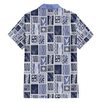 Vintage Aloha Block Quilt Family Matching Off Shoulder Short Dress and Hawaiian Shirt Blue Inspired Lei Motifs - Polynesian Pride