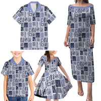 Vintage Aloha Block Quilt Family Matching Puletasi and Hawaiian Shirt Blue Inspired Lei Motifs - Polynesian Pride