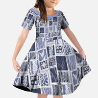 Vintage Aloha Block Quilt Family Matching Short Sleeve Bodycon Dress and Hawaiian Shirt Blue Inspired Lei Motifs - Polynesian Pride