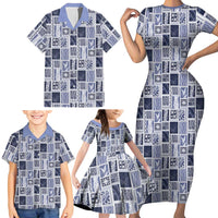 Vintage Aloha Block Quilt Family Matching Short Sleeve Bodycon Dress and Hawaiian Shirt Blue Inspired Lei Motifs - Polynesian Pride