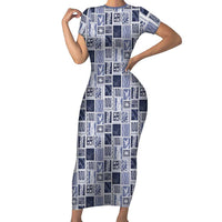 Vintage Aloha Block Quilt Family Matching Short Sleeve Bodycon Dress and Hawaiian Shirt Blue Inspired Lei Motifs - Polynesian Pride