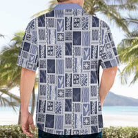 Vintage Aloha Block Quilt Hawaiian Shirt Blue Inspired Lei Motifs LT9 - Polynesian Pride