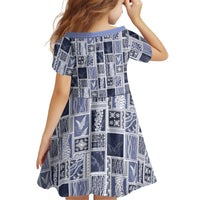 Vintage Aloha Block Quilt Kid Short Sleeve Dress Blue Inspired Lei Motifs LT9 - Polynesian Pride