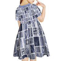Vintage Aloha Block Quilt Kid Short Sleeve Dress Blue Inspired Lei Motifs LT9 - Polynesian Pride