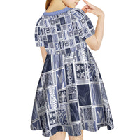 Vintage Aloha Block Quilt Kid Short Sleeve Dress Blue Inspired Lei Motifs - Polynesian Pride