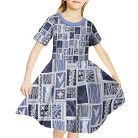 Vintage Aloha Block Quilt Kid Short Sleeve Dress Blue Inspired Lei Motifs LT9 - Polynesian Pride