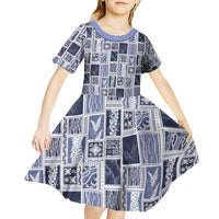 Vintage Aloha Block Quilt Kid Short Sleeve Dress Blue Inspired Lei Motifs - Polynesian Pride