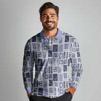 Vintage Aloha Block Quilt Long Sleeve Polo Shirt Blue Inspired Lei Motifs - Polynesian Pride
