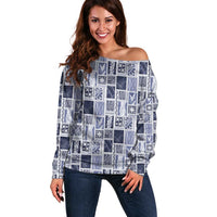 Vintage Aloha Block Quilt Off Shoulder Sweater Blue Inspired Lei Motifs LT9 Women Blue - Polynesian Pride